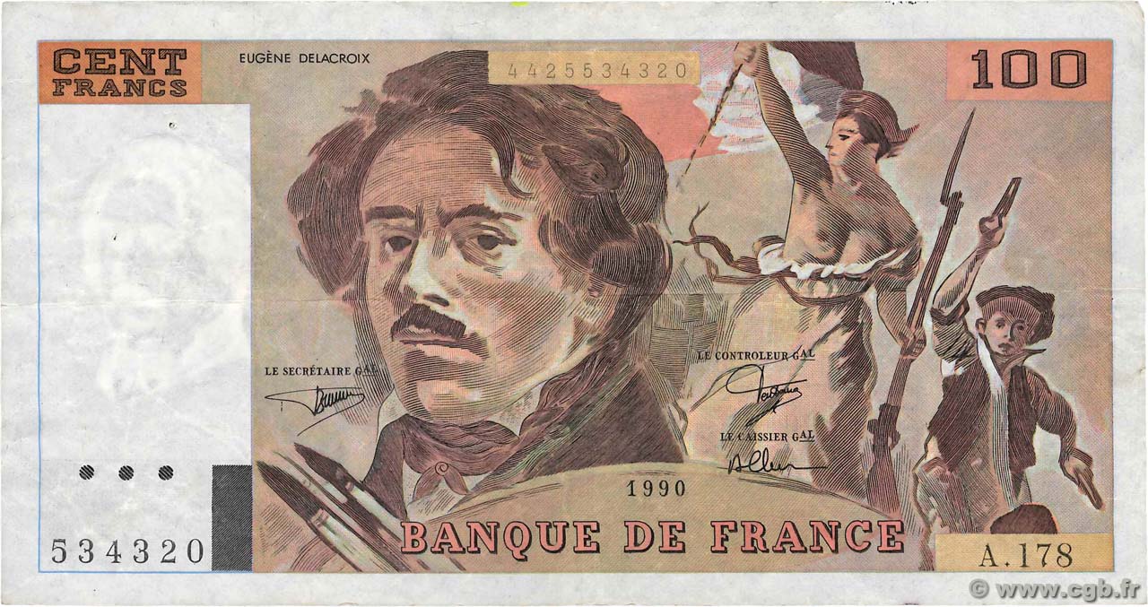 100 Francs DELACROIX imprimé en continu FRANCIA  1990 F.69bis.02c q.BB