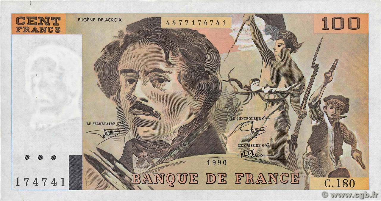 100 Francs DELACROIX imprimé en continu FRANCE  1990 F.69bis.02d XF-