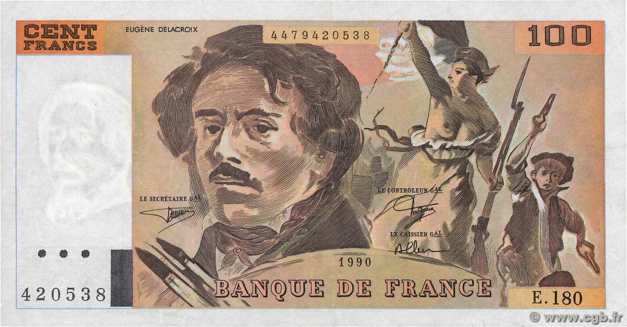 100 Francs DELACROIX imprimé en continu FRANCIA  1990 F.69bis.02d MBC