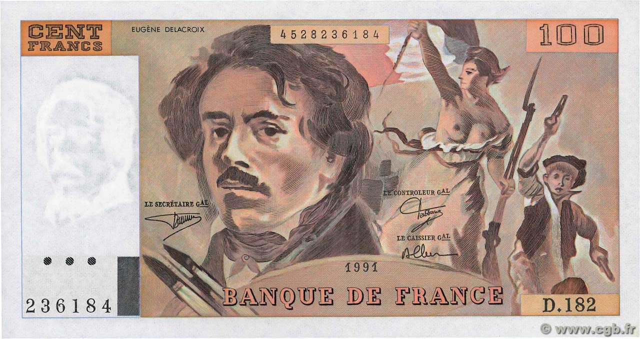 100 Francs DELACROIX imprimé en continu FRANCE  1991 F.69bis.03b2 UNC-