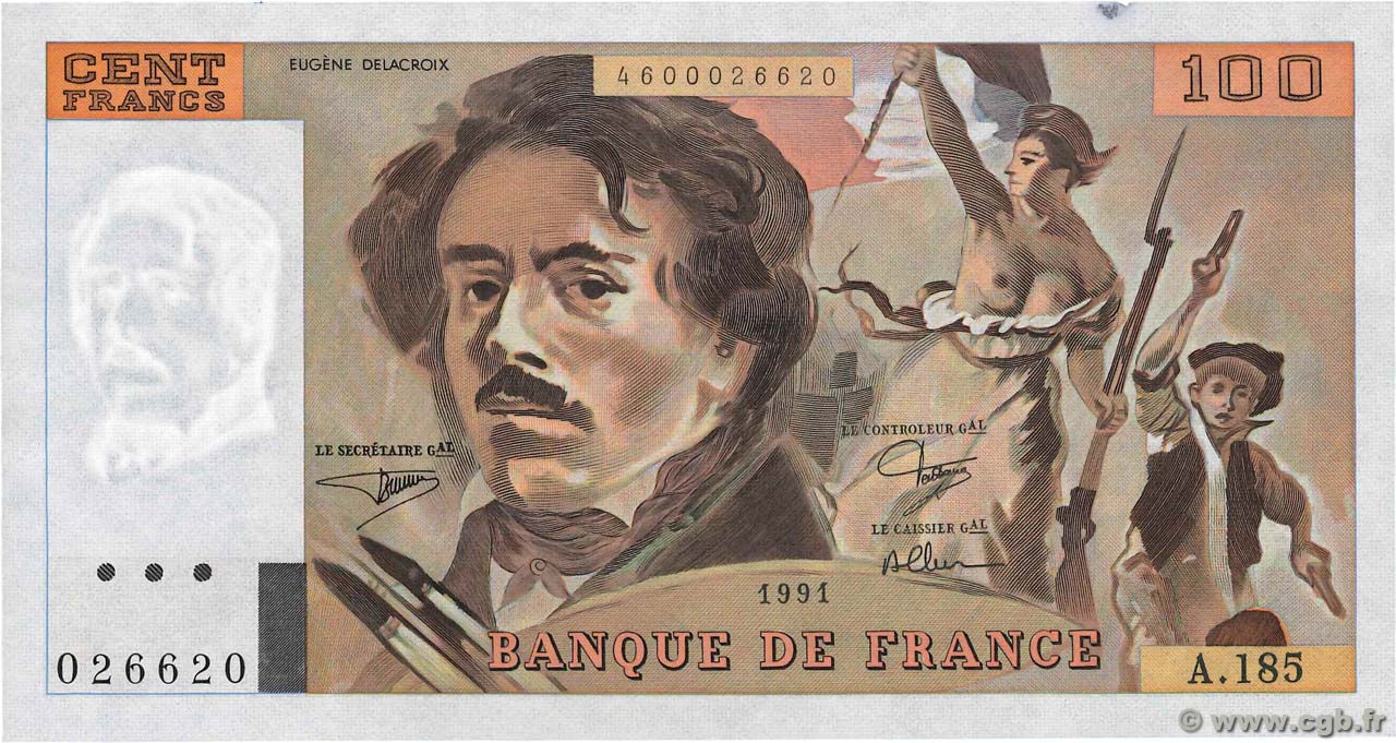 100 Francs DELACROIX imprimé en continu FRANCE  1991 F.69bis.03b2 XF+