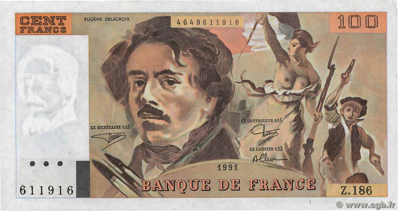 100 Francs DELACROIX imprimé en continu FRANCE  1991 F.69bis.03b2 VF+