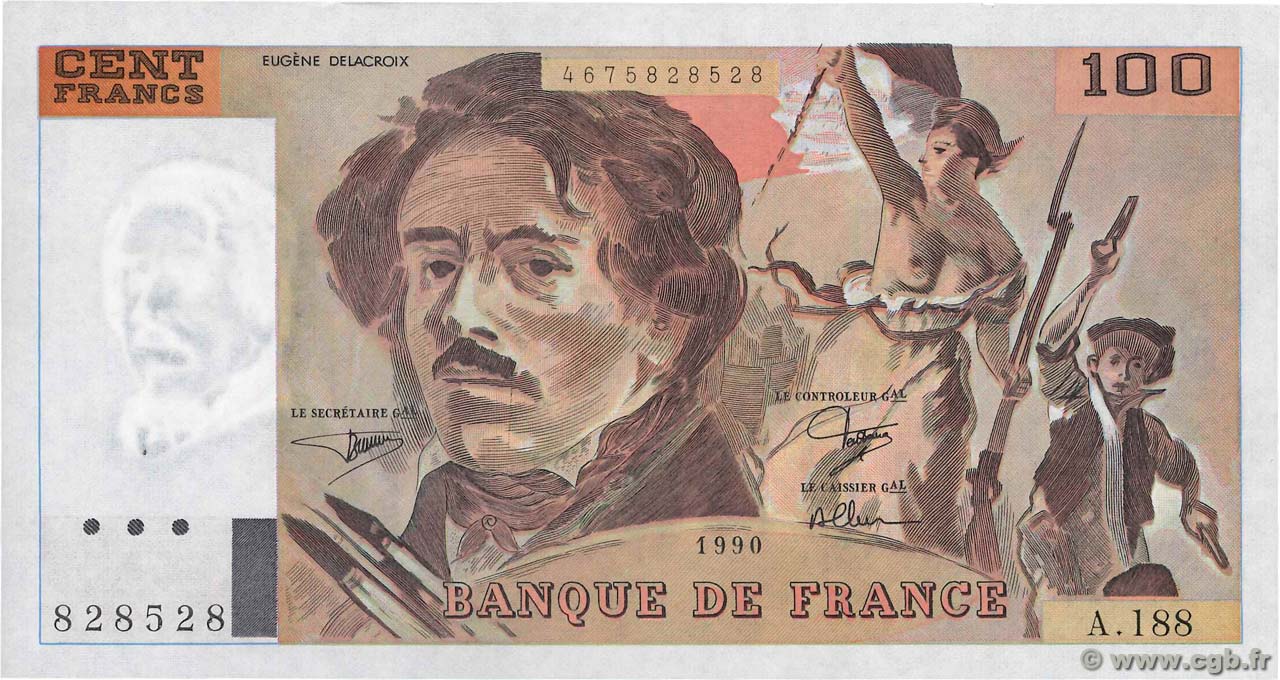 100 Francs DELACROIX imprimé en continu FRANCIA  1990 F.69bis.02e1 q.AU