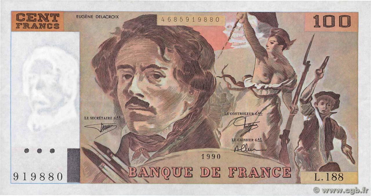100 Francs DELACROIX imprimé en continu FRANCIA  1990 F.69bis.02e1 EBC