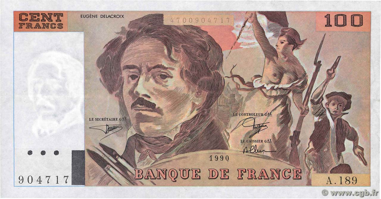 100 Francs DELACROIX imprimé en continu FRANCE  1990 F.69bis.02e2 VF