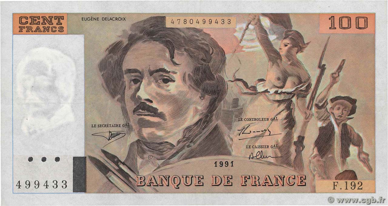 100 Francs DELACROIX imprimé en continu Fauté FRANCIA  1991 F.69bis.04a EBC