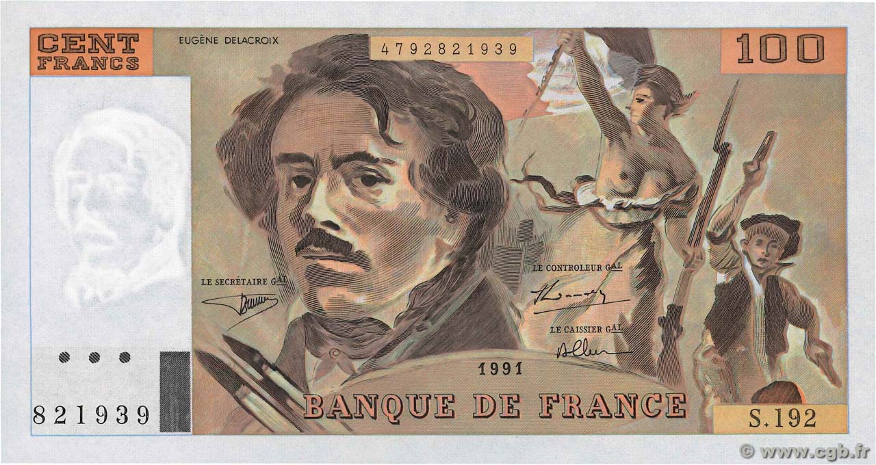 100 Francs DELACROIX imprimé en continu FRANCE  1991 F.69bis.04a UNC
