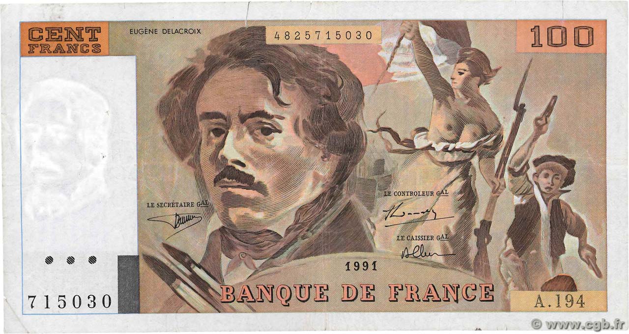 100 Francs DELACROIX imprimé en continu FRANCE  1991 F.69bis.04a F+