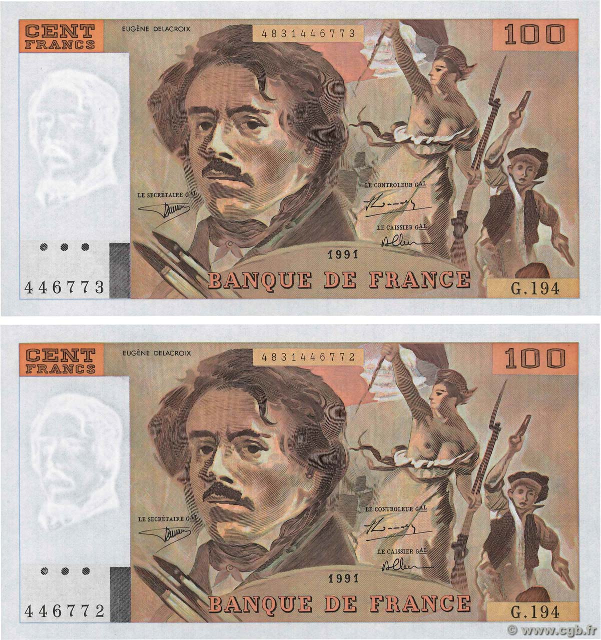 100 Francs DELACROIX imprimé en continu Consécutifs FRANCE  1991 F.69bis.04a UNC-
