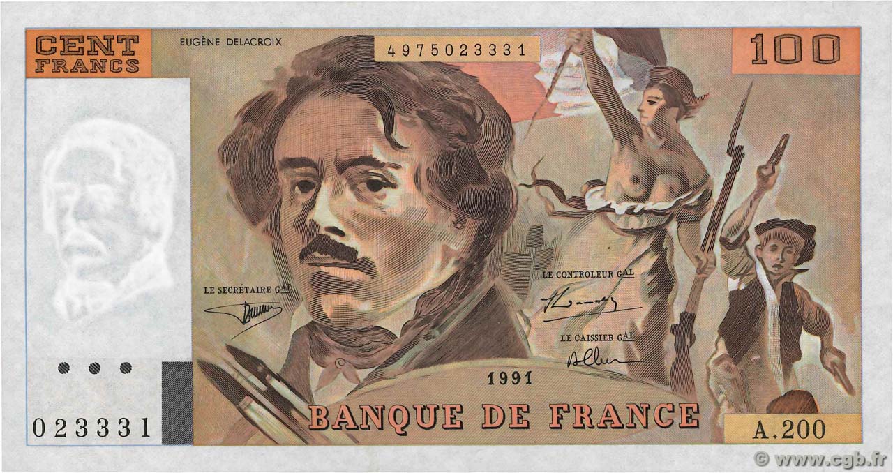 100 Francs DELACROIX imprimé en continu FRANCIA  1991 F.69bis.04a EBC