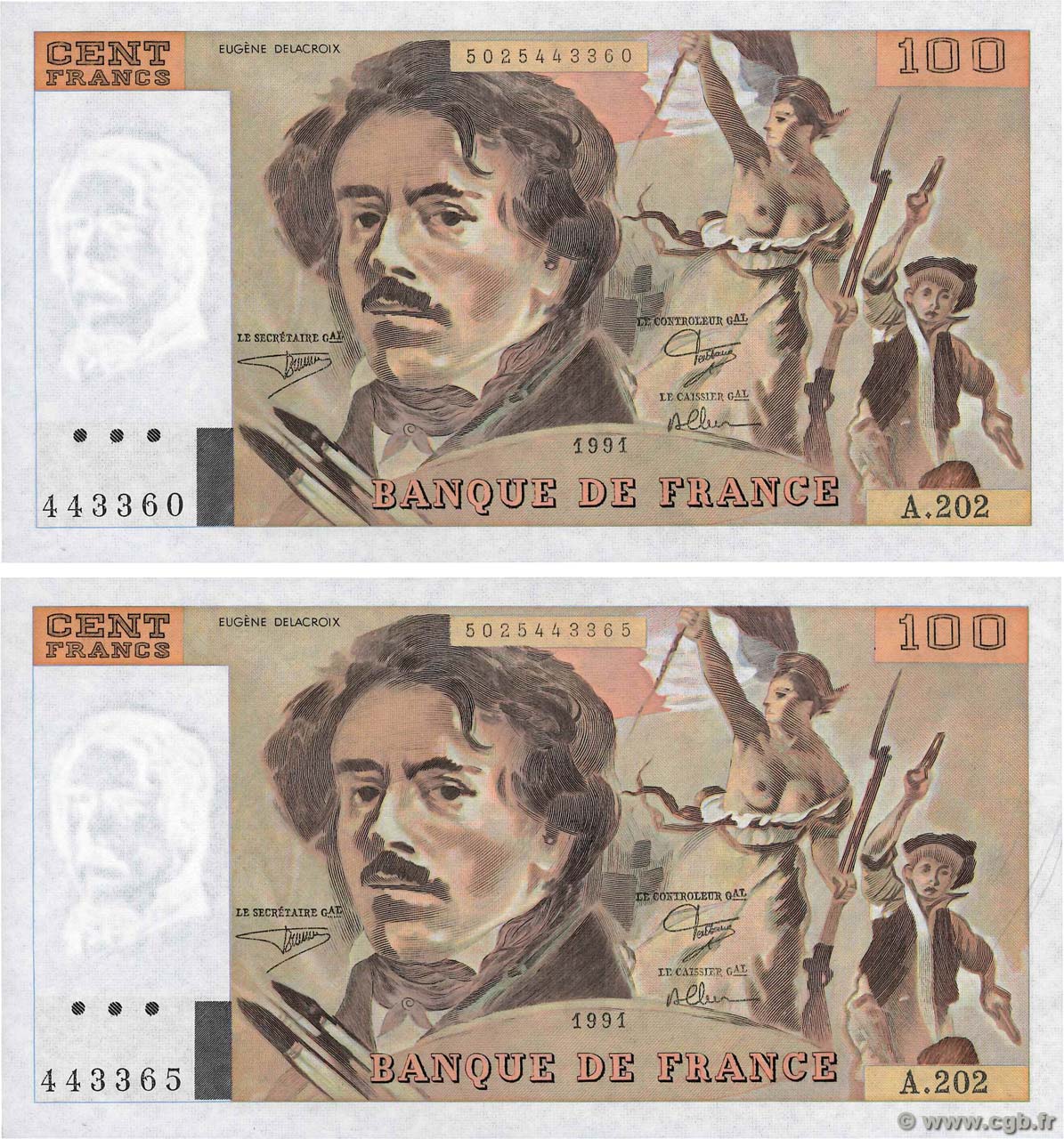 100 Francs DELACROIX imprimé en continu Lot FRANCIA  1991 F.69bis.03c1 FDC