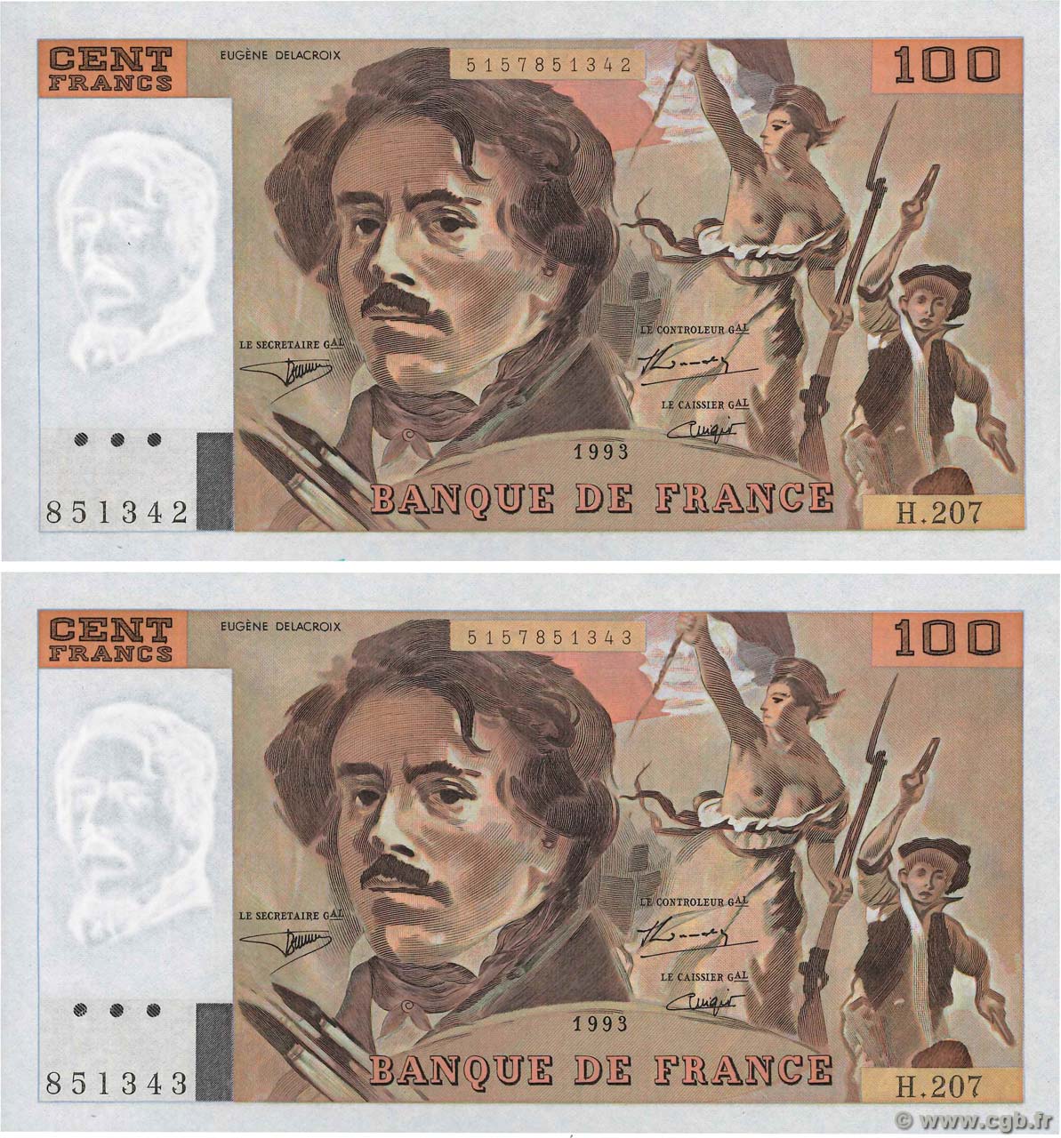 100 Francs DELACROIX imprimé en continu Consécutifs FRANCIA  1993 F.69bis.05 FDC