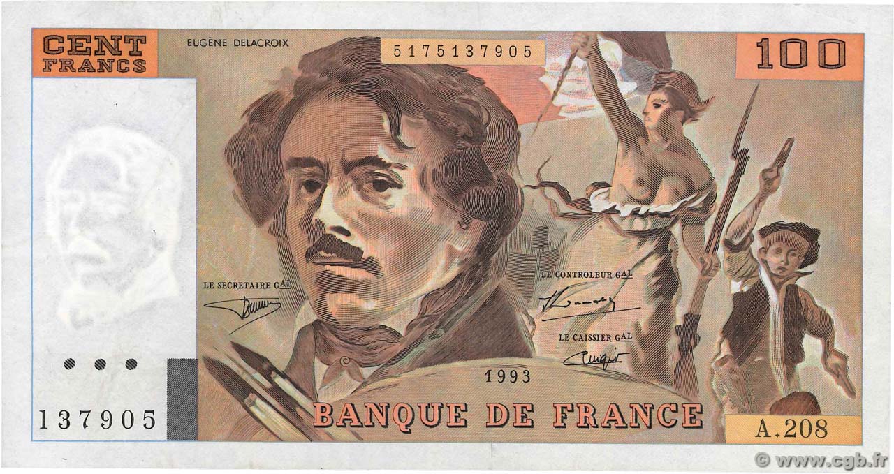 100 Francs DELACROIX imprimé en continu FRANCIA  1993 F.69bis.05 EBC+