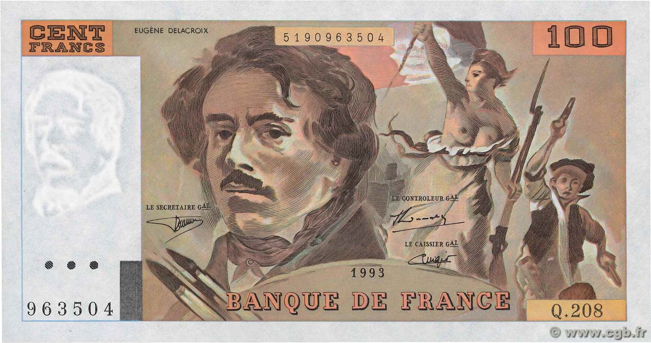 100 Francs DELACROIX  UNIFACE FRANCE  1993 F.69bisU.05 UNC
