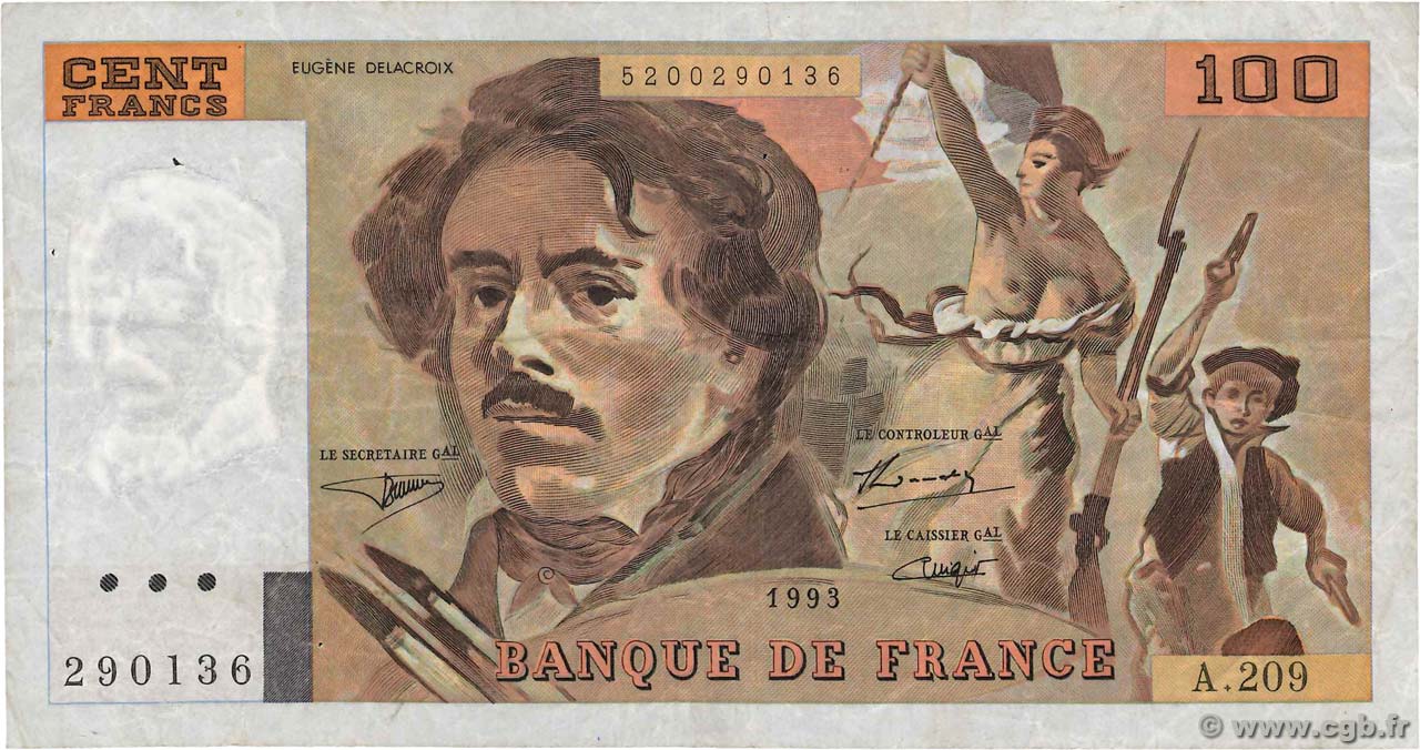 100 Francs DELACROIX imprimé en continu FRANCIA  1993 F.69bis.05 MB