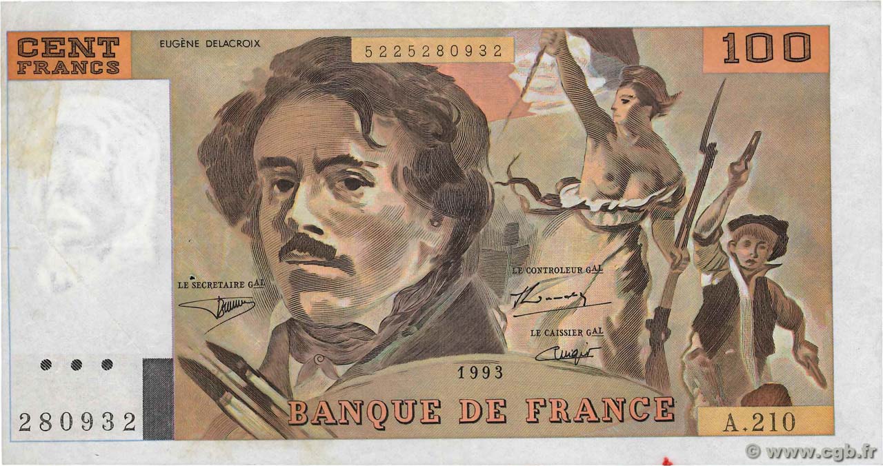 100 Francs DELACROIX imprimé en continu Fauté FRANCE  1993 F.69bis.05 VF+