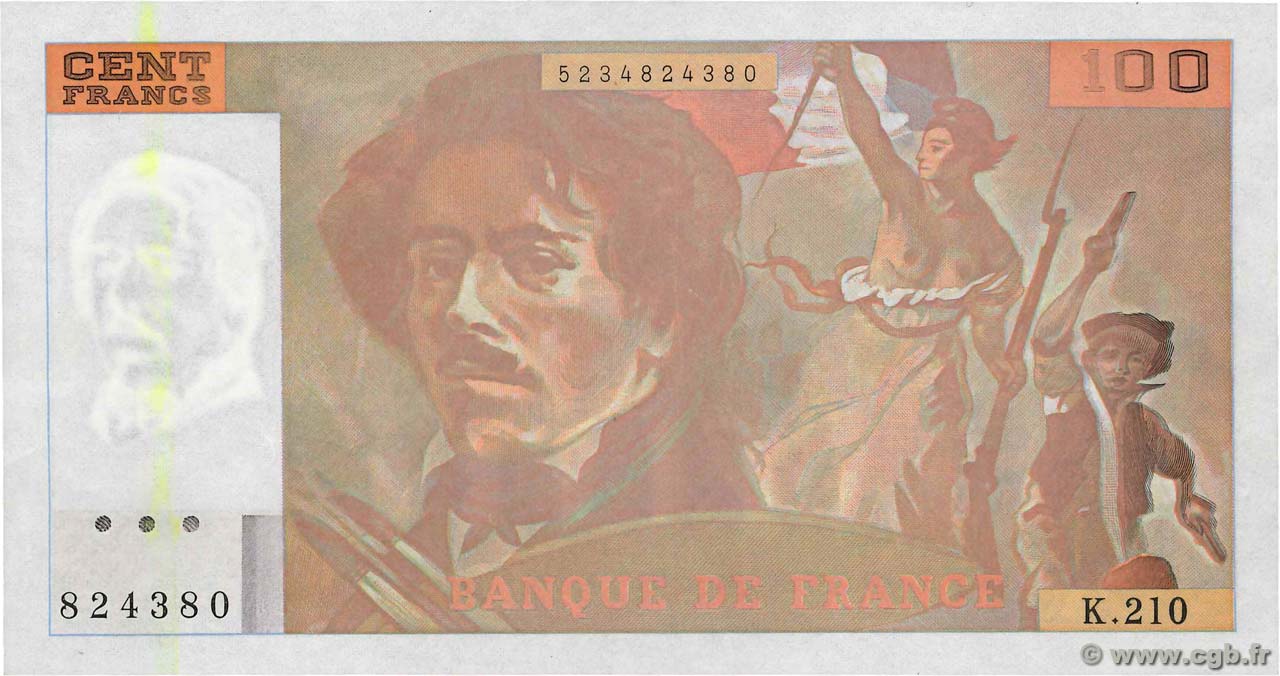 100 Francs DELACROIX imprimé en continu Fauté FRANCIA  1993 F.69bis.05 EBC+