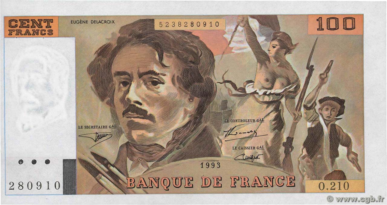 100 Francs DELACROIX imprimé en continu Fauté FRANCIA  1993 F.69bis.05 SC+