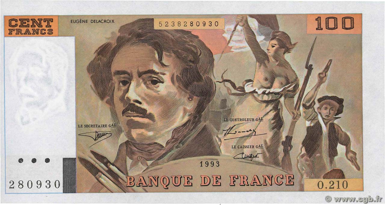 100 Francs DELACROIX imprimé en continu Fauté FRANCIA  1993 F.69bis.05 AU+