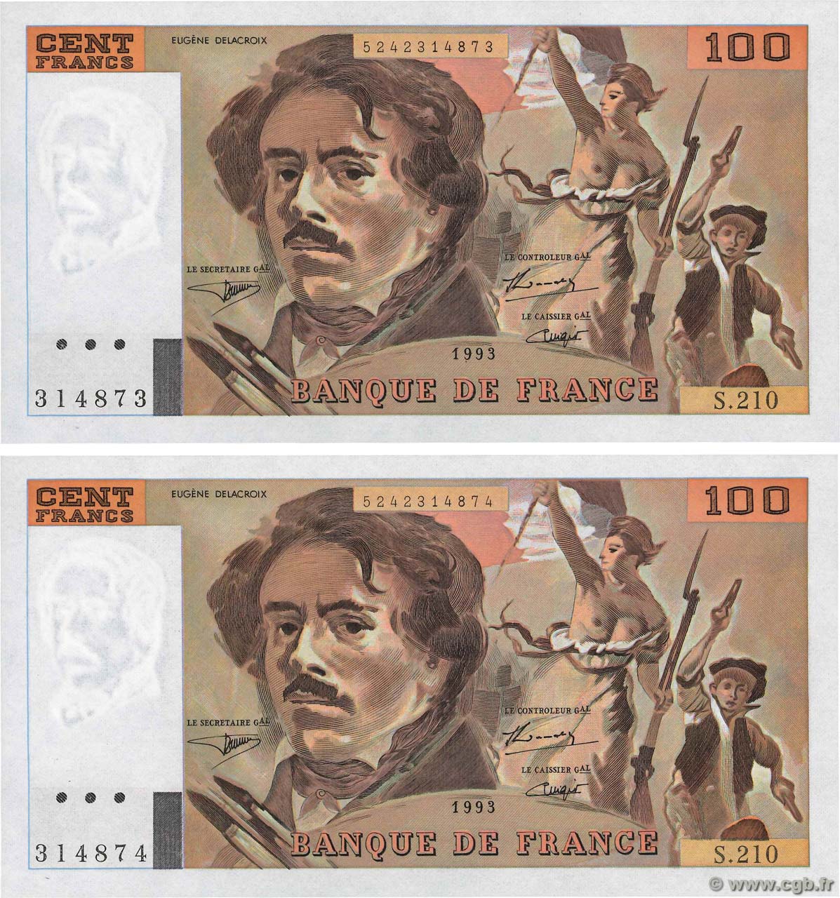 100 Francs DELACROIX imprimé en continu Consécutifs FRANCE  1993 F.69bis.05 UNC