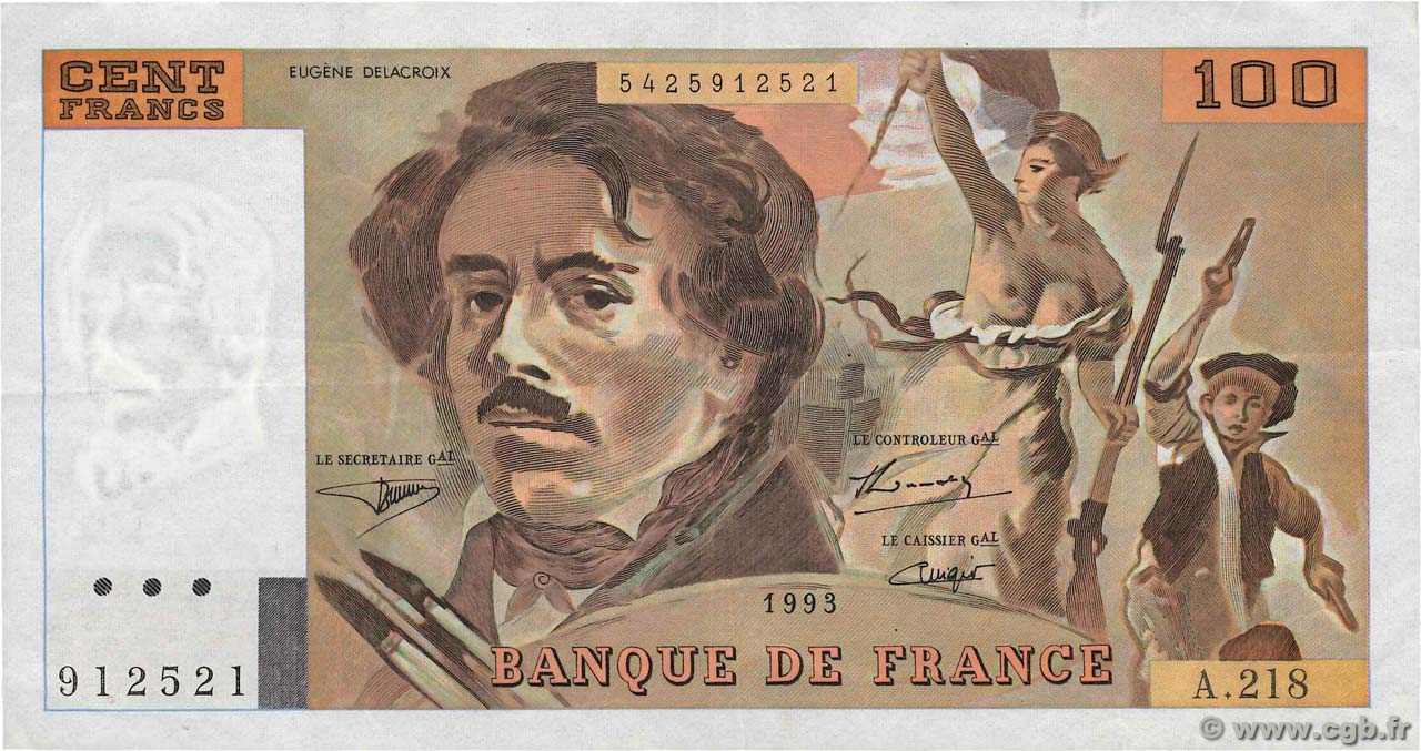100 Francs DELACROIX imprimé en continu FRANCE  1993 F.69bis.05 VF+