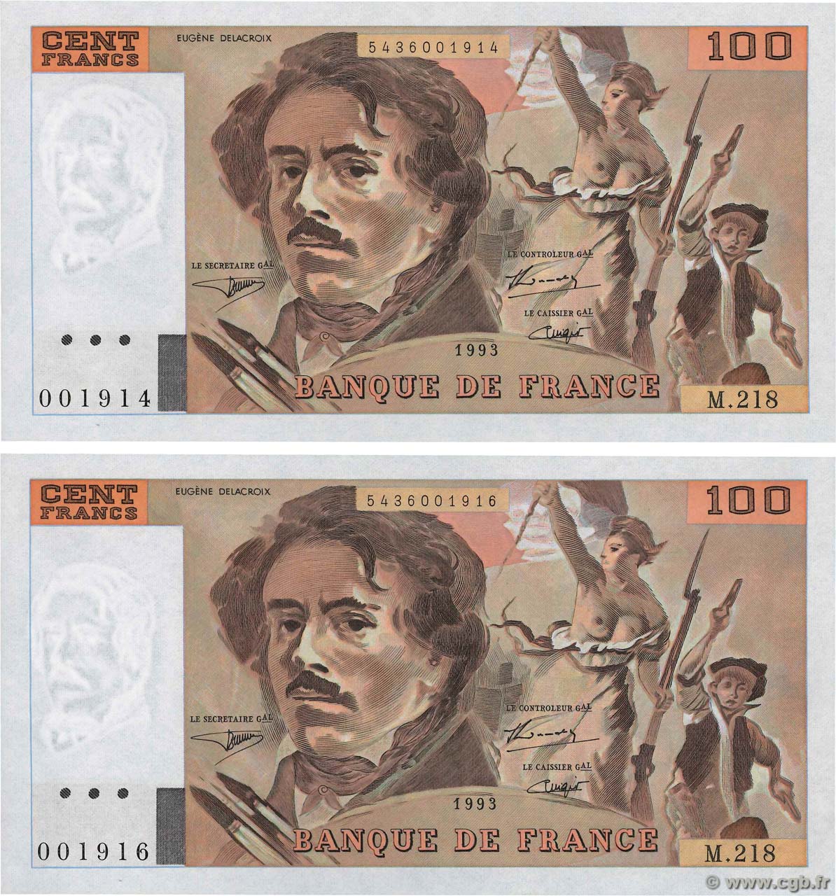 100 Francs DELACROIX imprimé en continu Lot FRANCIA  1993 F.69bis.05 q.FDC