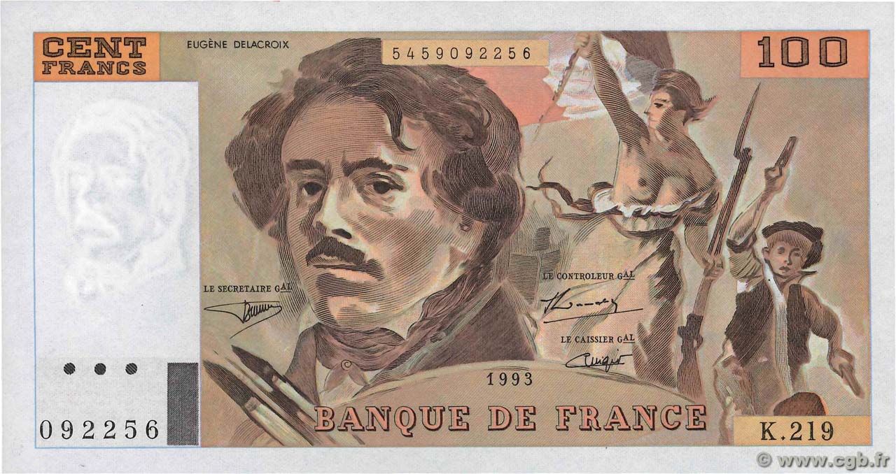 100 Francs DELACROIX imprimé en continu FRANCIA  1993 F.69bis.07 SC+