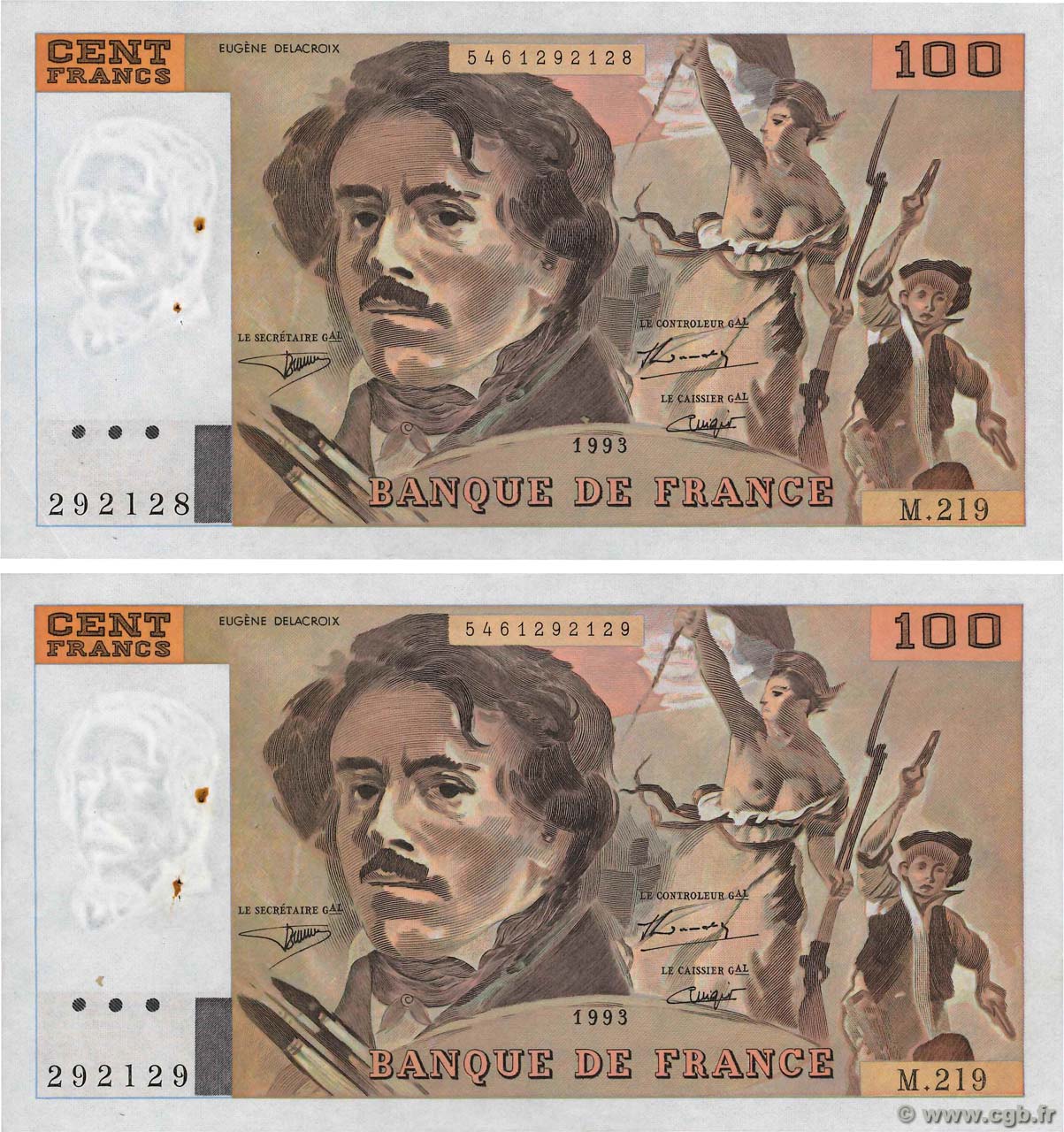 100 Francs DELACROIX imprimé en continu Consécutifs FRANCE  1993 F.69bis.07 VF+