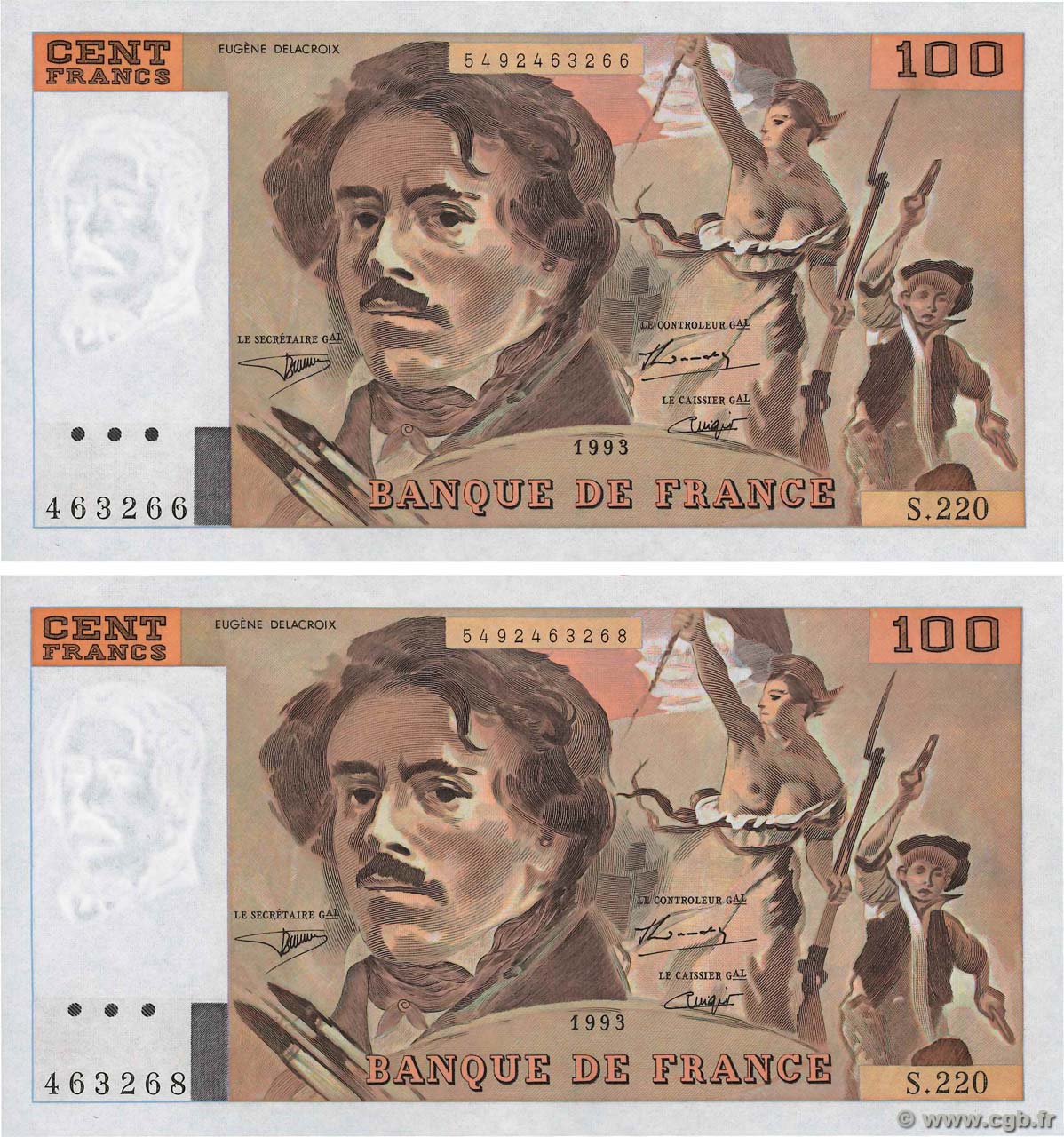 100 Francs DELACROIX imprimé en continu Lot FRANCIA  1993 F.69bis.07 q.FDC