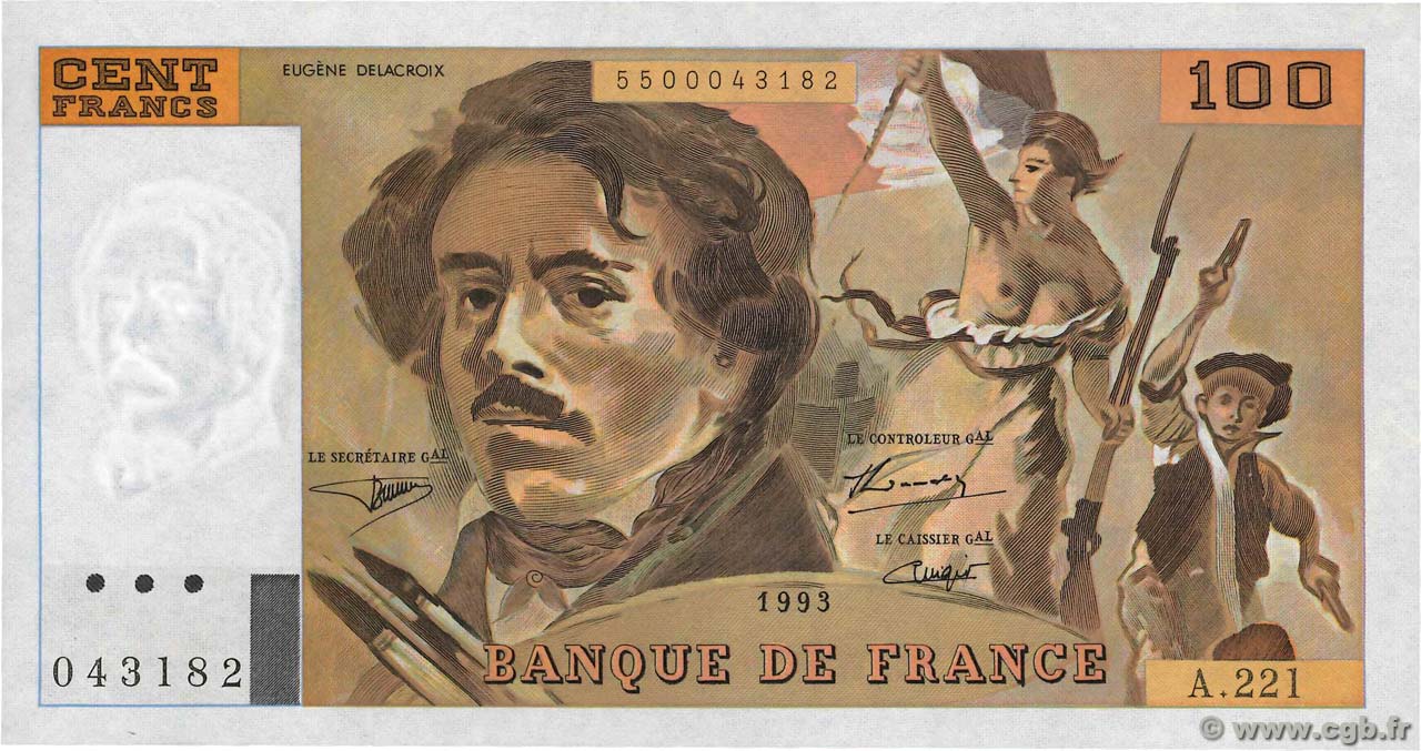 100 Francs DELACROIX imprimé en continu FRANCIA  1993 F.69bis.07 q.FDC