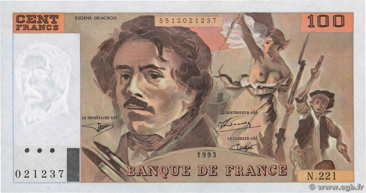 100 Francs DELACROIX imprimé en continu FRANCE  1993 F.69bis.07 UNC