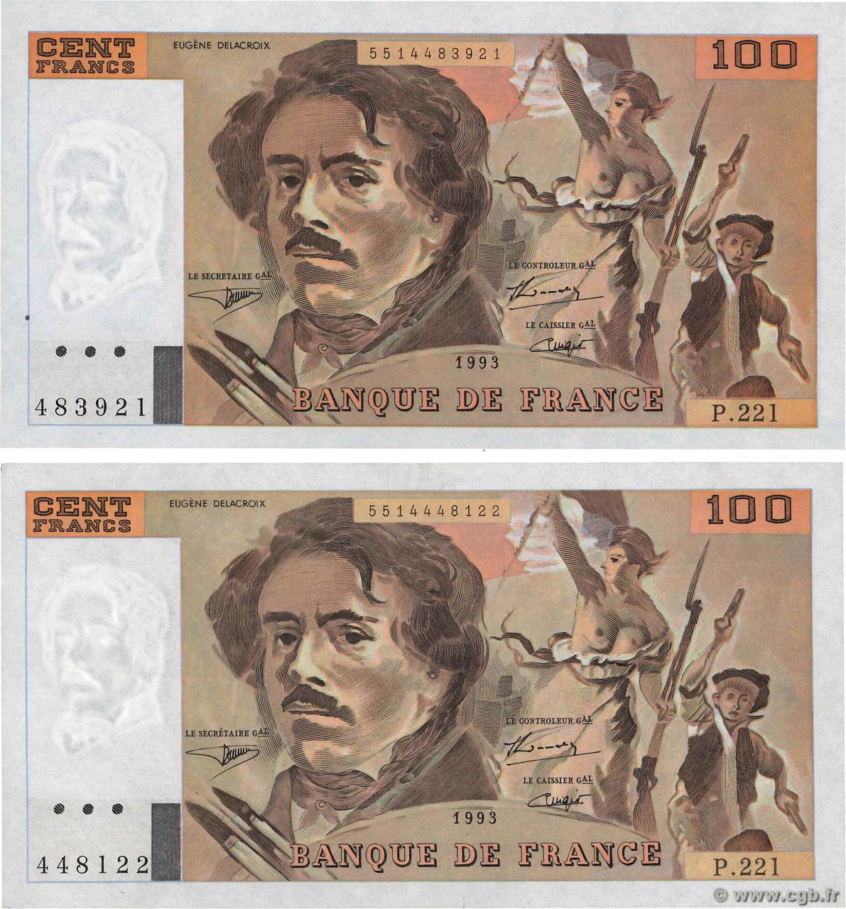 100 Francs DELACROIX imprimé en continu Lot FRANCE  1993 F.69bis.07 UNC-