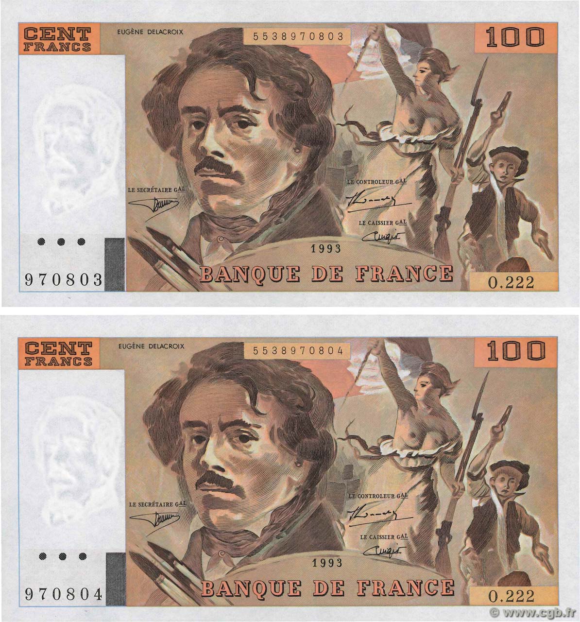 100 Francs DELACROIX imprimé en continu Consécutifs FRANCE  1993 F.69bis.07 UNC