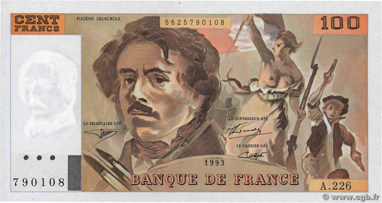 100 Francs DELACROIX imprimé en continu FRANCIA  1993 F.69bis.08 q.FDC