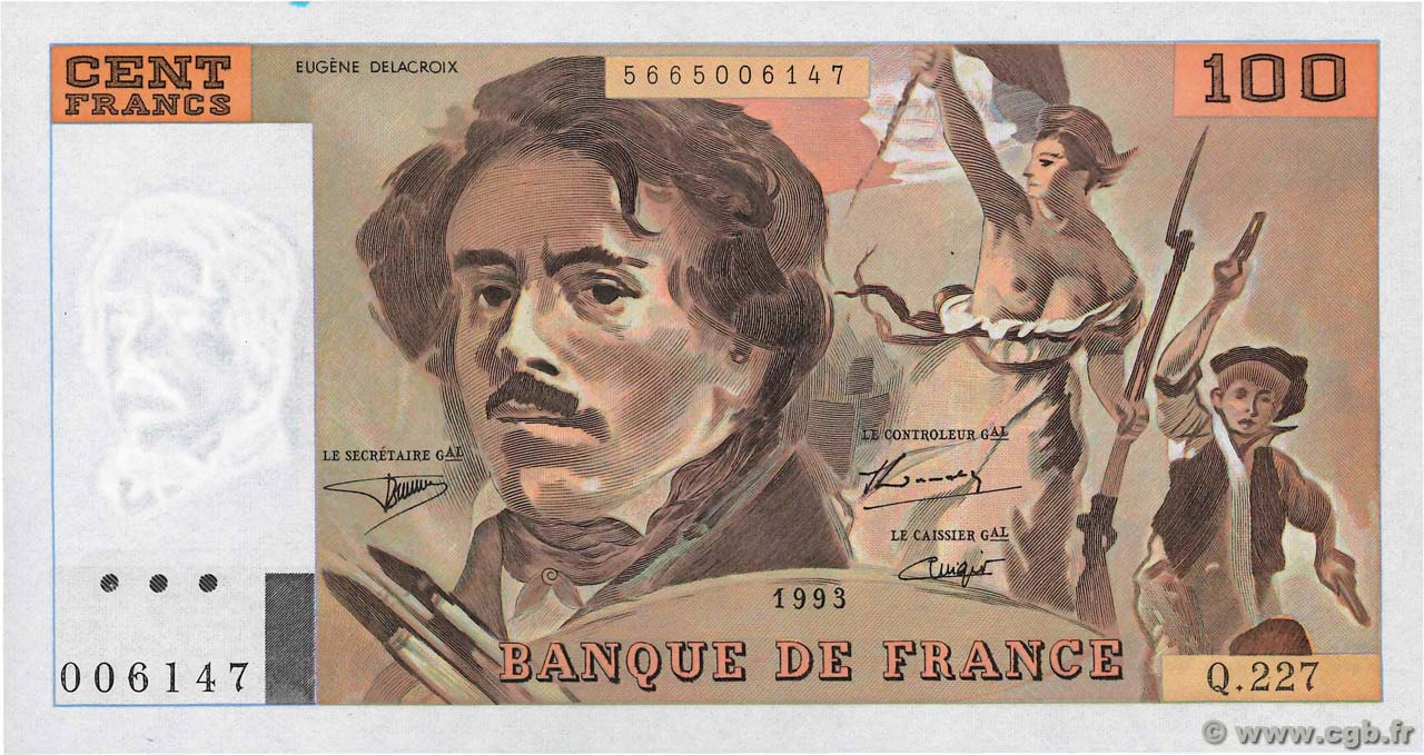 100 Francs DELACROIX imprimé en continu FRANCE  1993 F.69bis.08 UNC-
