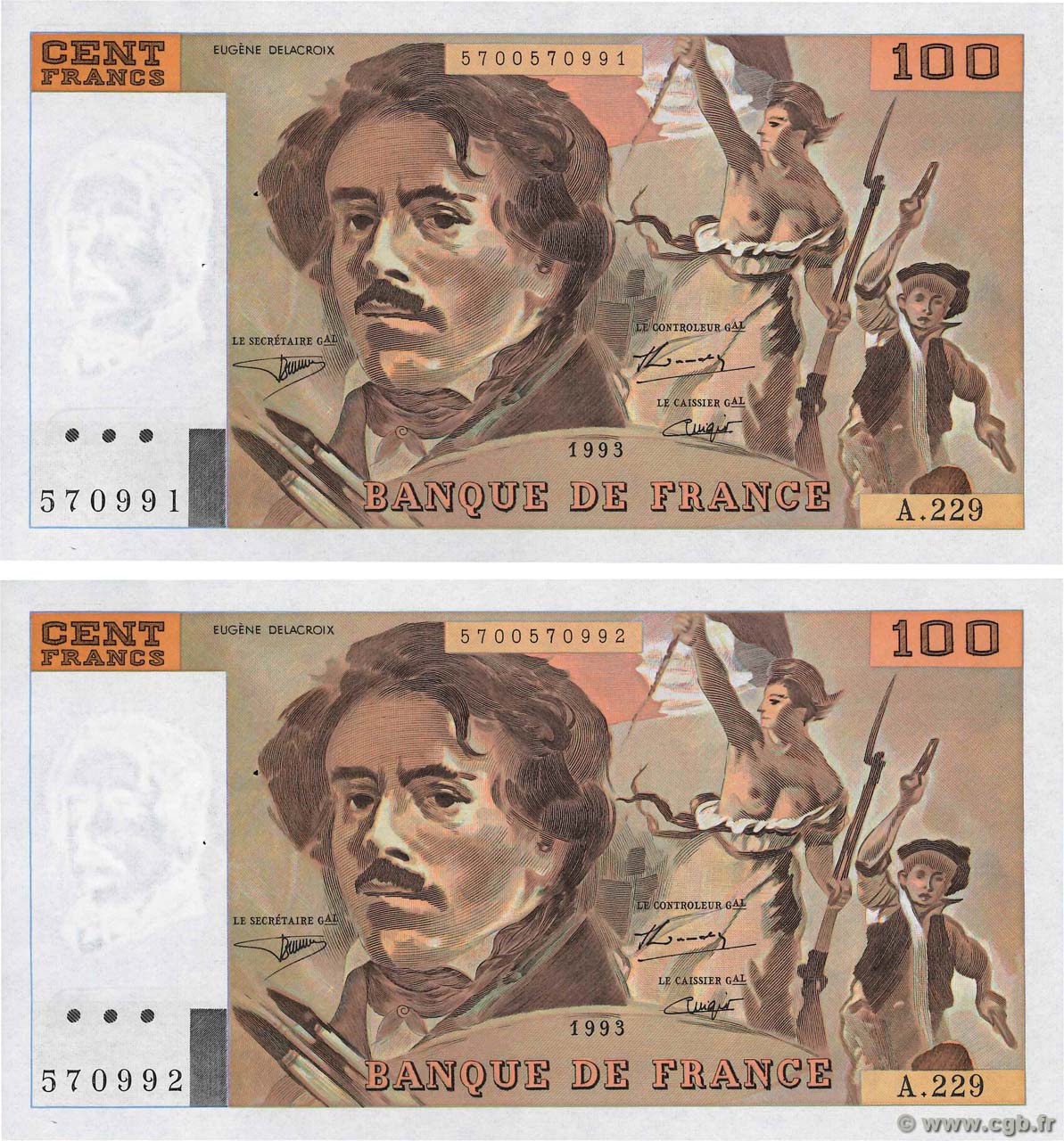 100 Francs DELACROIX imprimé en continu Consécutifs FRANCIA  1993 F.69bis.08 SC