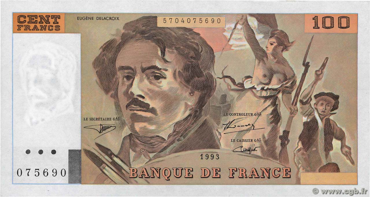 100 Francs DELACROIX imprimé en continu Fauté FRANCIA  1993 F.69bis.08 q.FDC