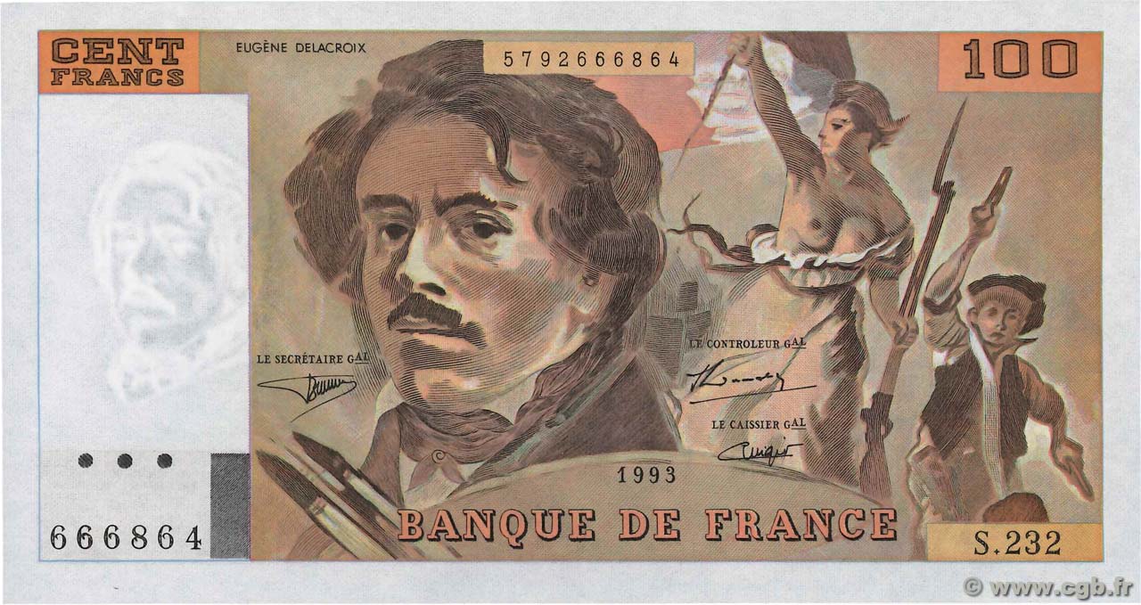 100 Francs DELACROIX imprimé en continu Fauté FRANCIA  1993 F.69bis.08 FDC