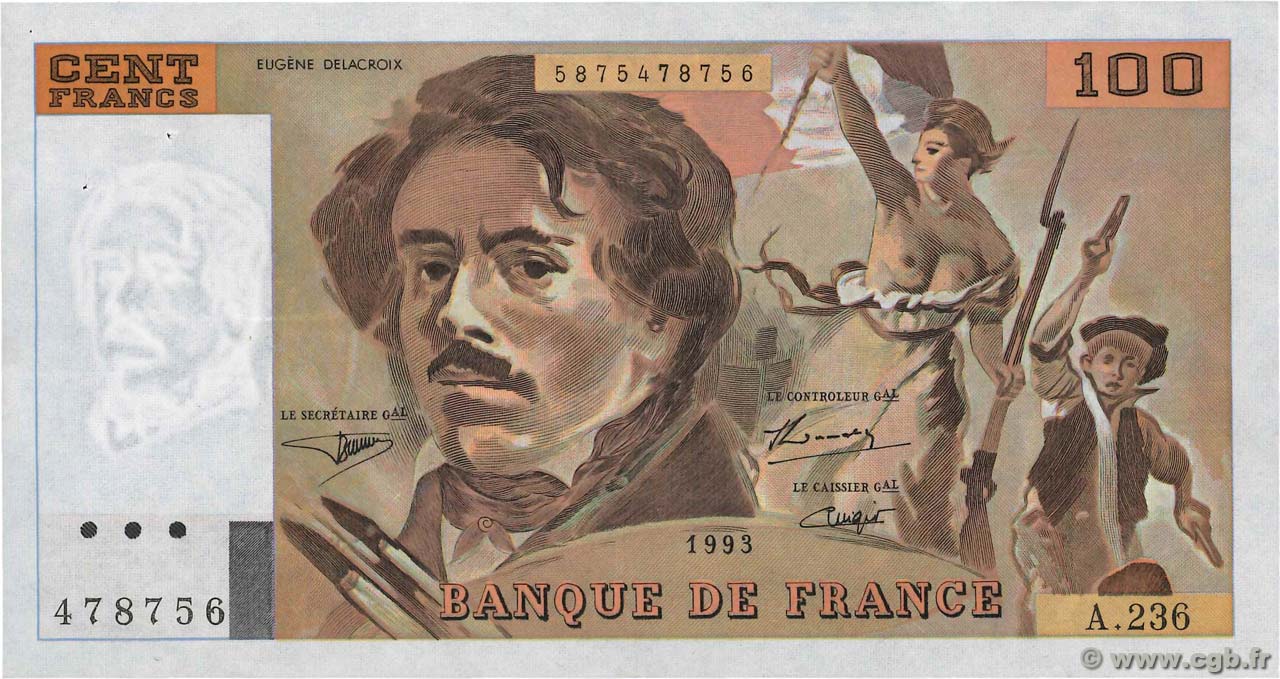 100 Francs DELACROIX imprimé en continu FRANCE  1993 F.69bis.08 SUP+