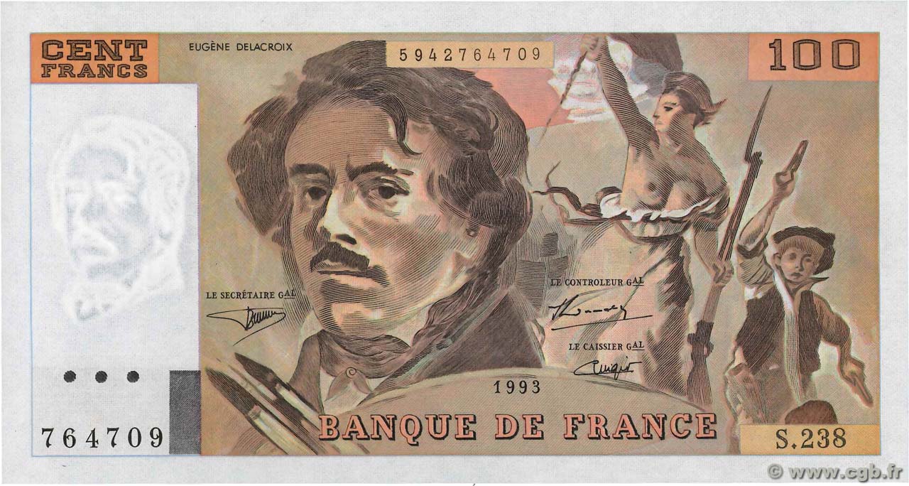 100 Francs DELACROIX imprimé en continu FRANCE  1993 F.69bis.08 UNC