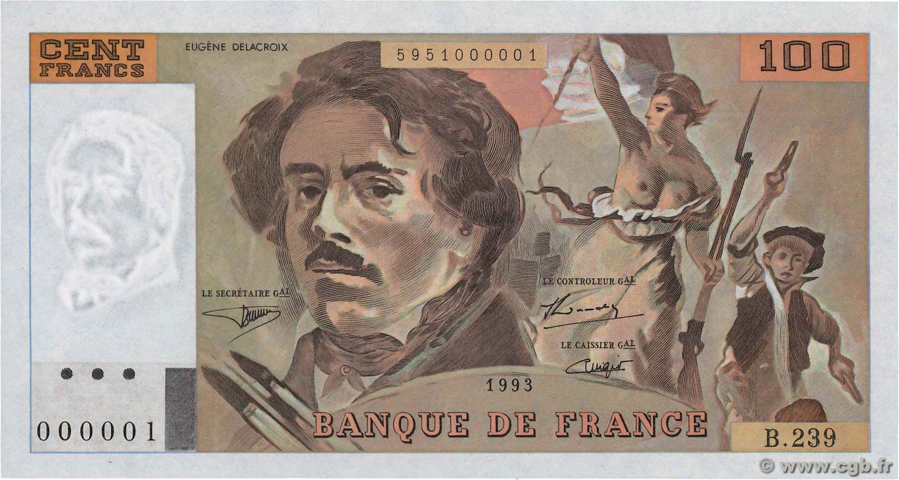 100 Francs DELACROIX imprimé en continu Petit numéro FRANCIA  1993 F.69bis.08 SC+