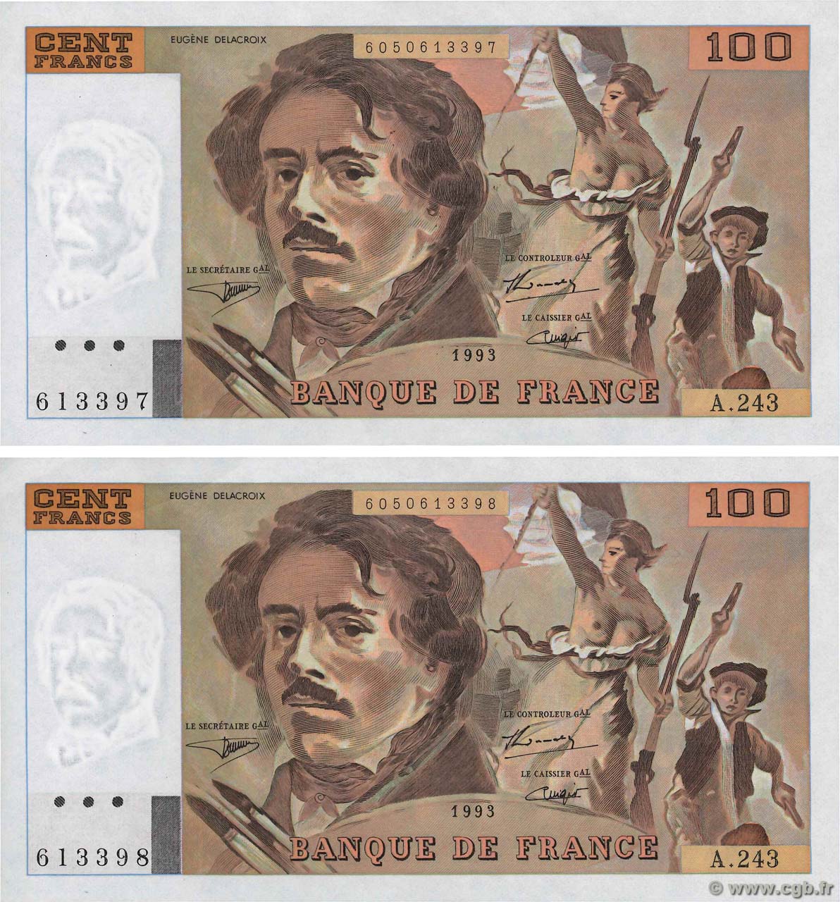 100 Francs DELACROIX imprimé en continu Consécutifs FRANCIA  1993 F.69bis.08 SC