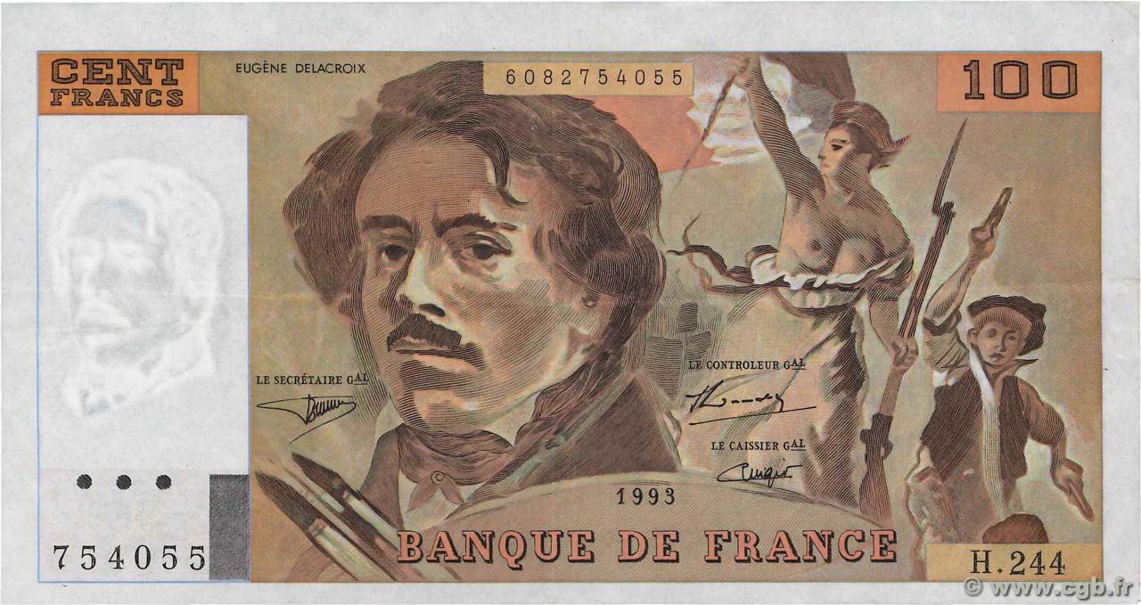 100 Francs DELACROIX imprimé en continu Fauté FRANCE  1993 F.69bis.08 VF+