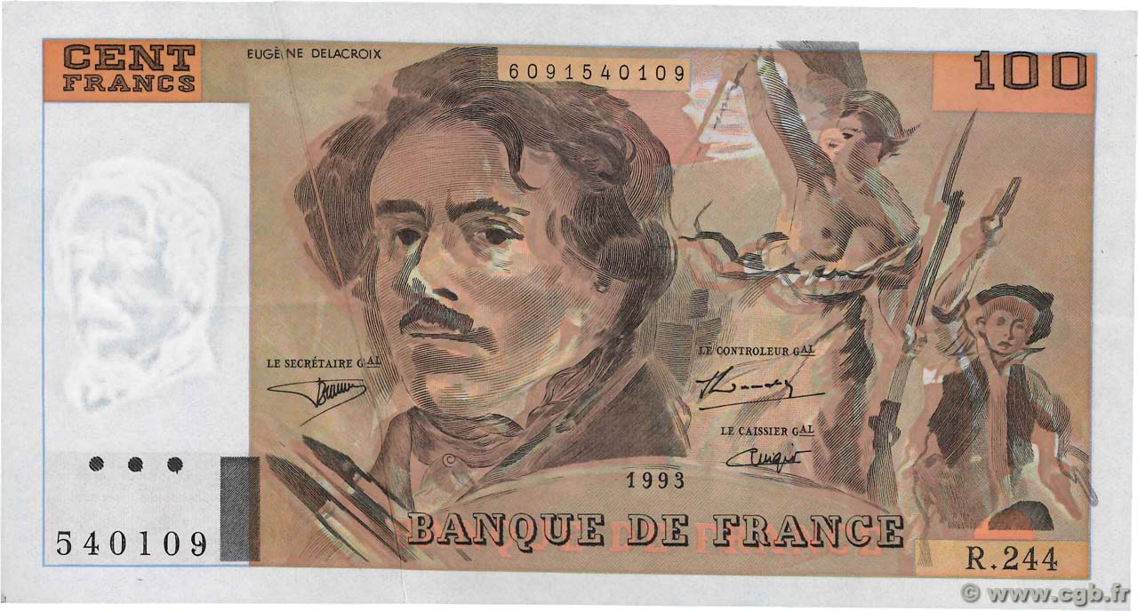 100 Francs DELACROIX imprimé en continu Fauté FRANCIA  1993 F.69bis.08 SPL