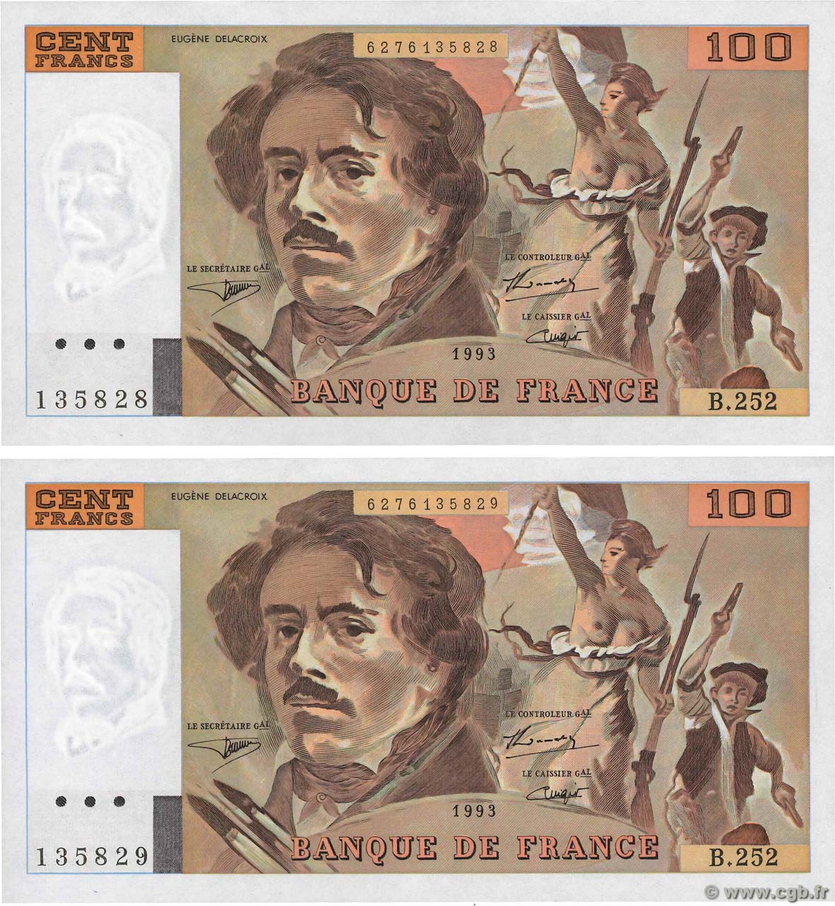 100 Francs DELACROIX imprimé en continu Consécutifs FRANCIA  1993 F.69bis.08 q.FDC