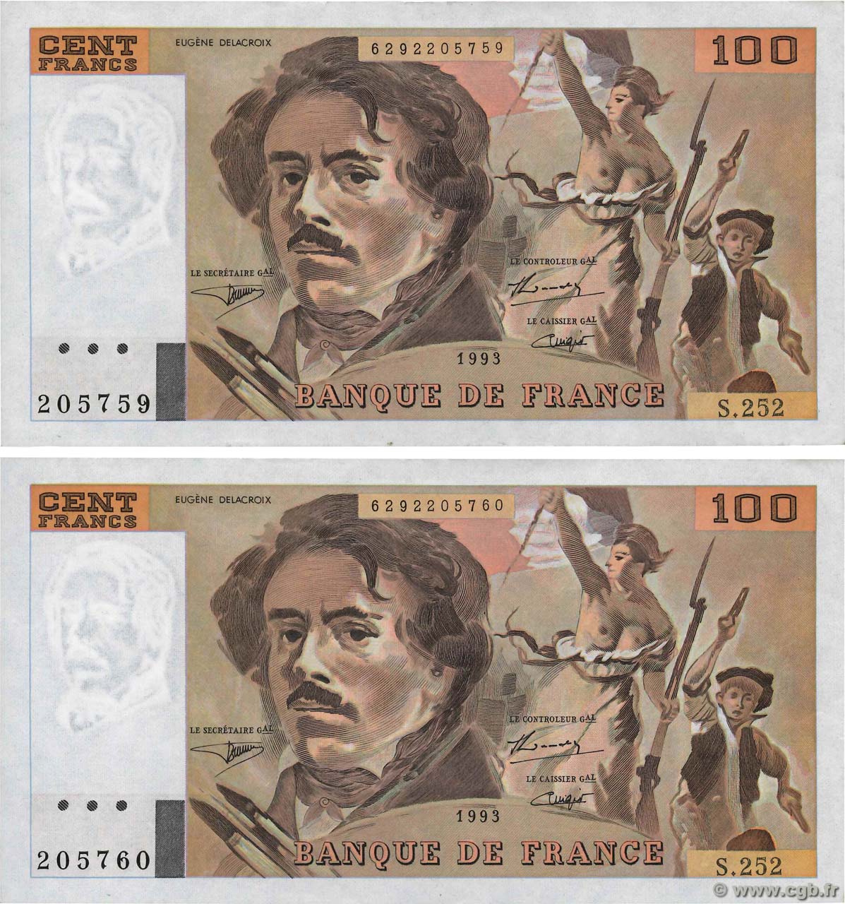 100 Francs DELACROIX imprimé en continu Consécutifs FRANCE  1993 F.69bis.08 XF+