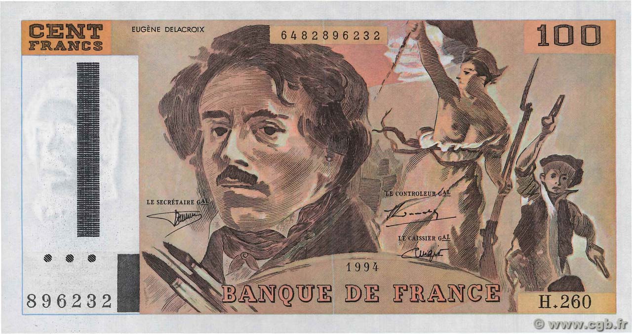 100 Francs DELACROIX 442-1 & 442-2 FRANCE  1994 F.69ter.01a AU