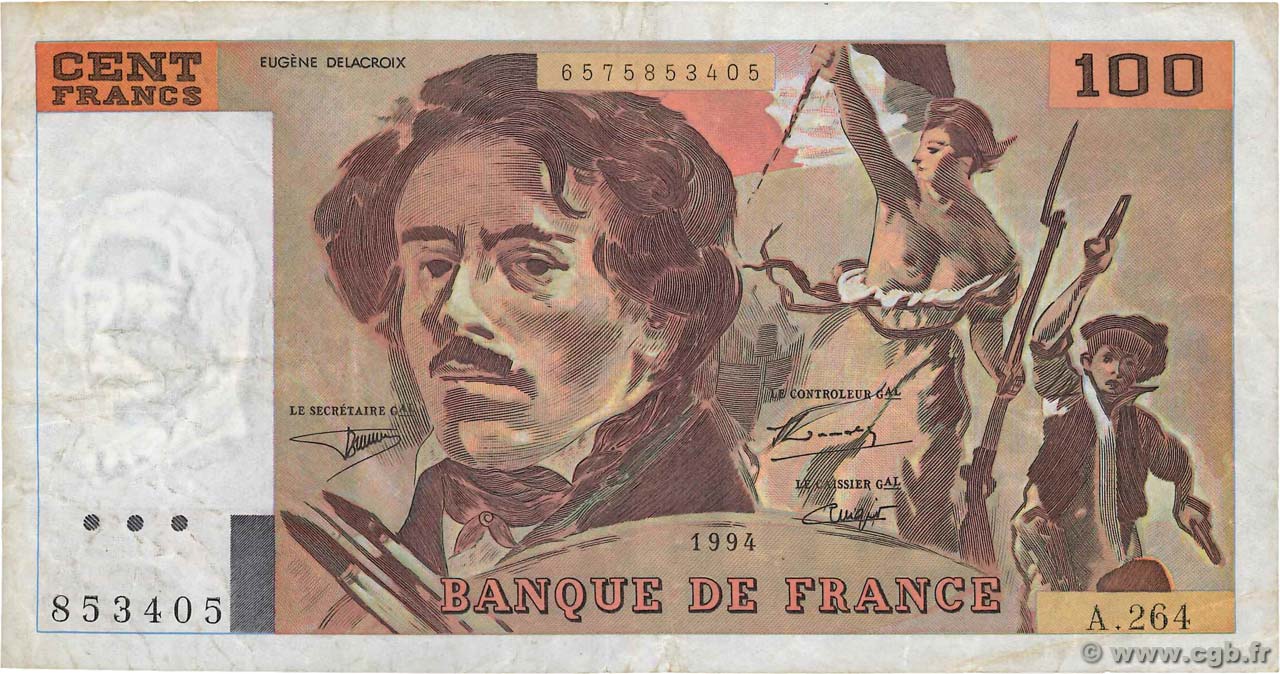 100 Francs DELACROIX 442-1 & 442-2 FRANCE  1994 F.69ter.01b VF