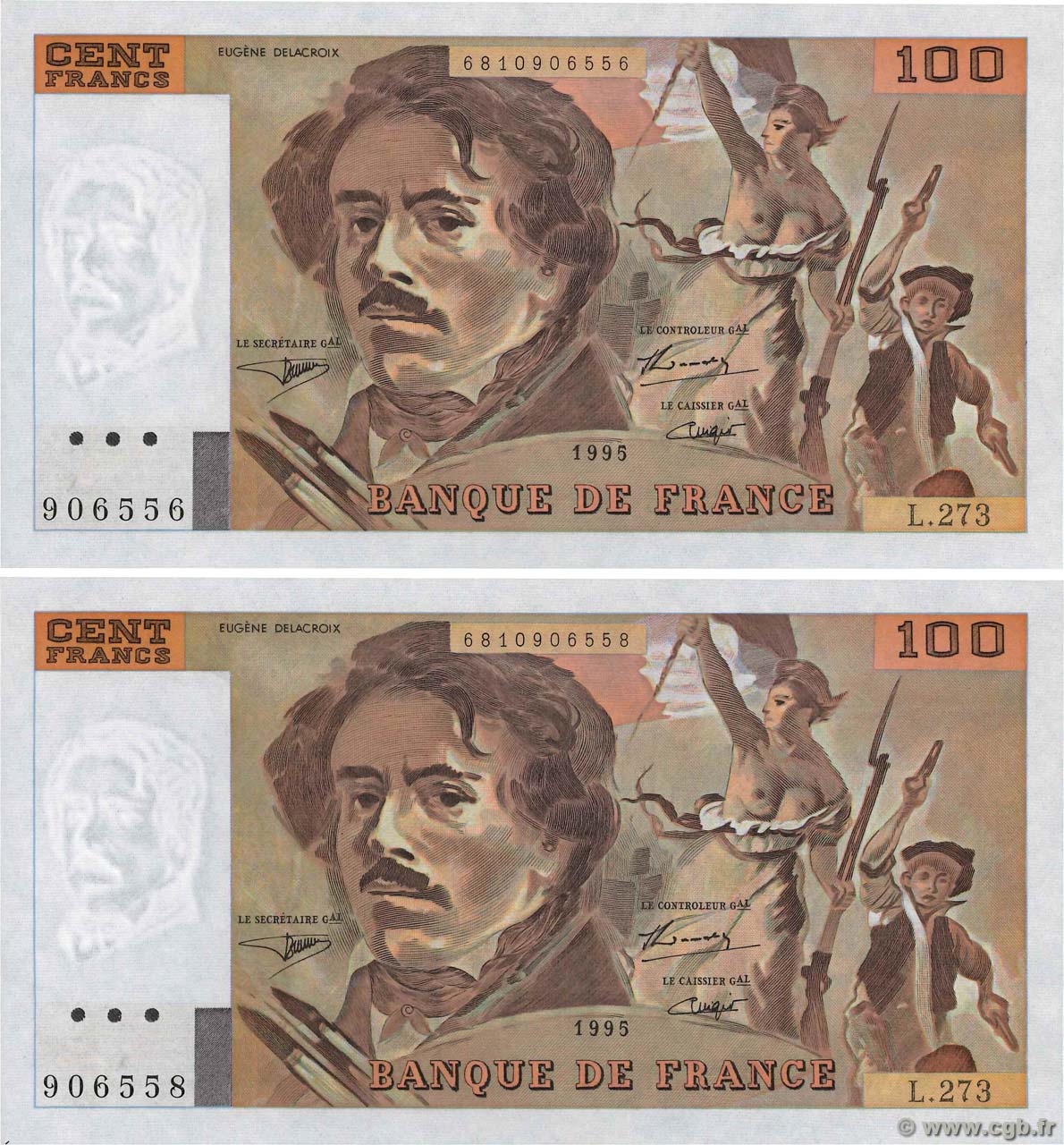 100 Francs DELACROIX 442-1 & 442-2 Lot FRANCE  1995 F.69ter.02b AU