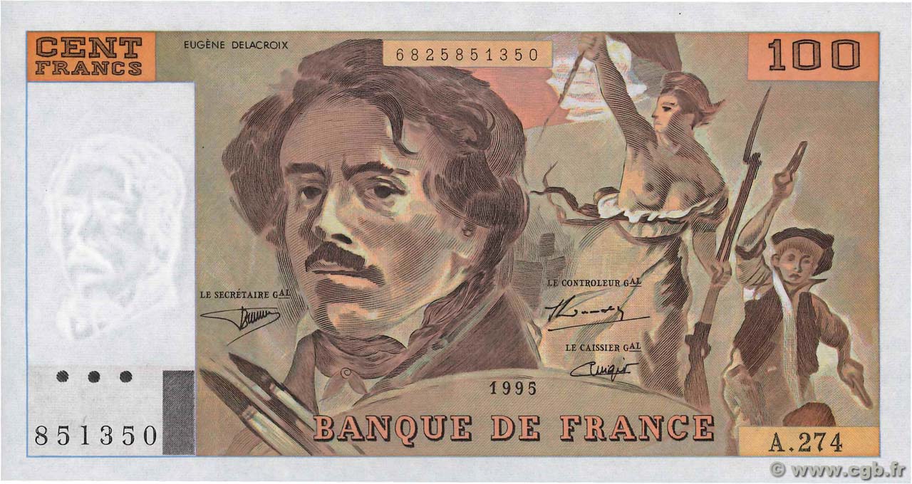 100 Francs DELACROIX 442-1 & 442-2 FRANCE  1995 F.69ter.02b UNC